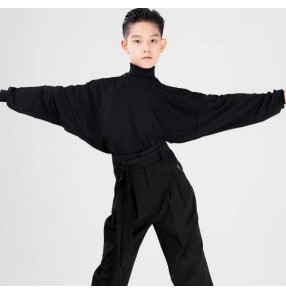 Black white high neck latin ballroom dance shirts for boys kids batwing sleeves children tango waltz salsa modern latin ballroom dance tops for children